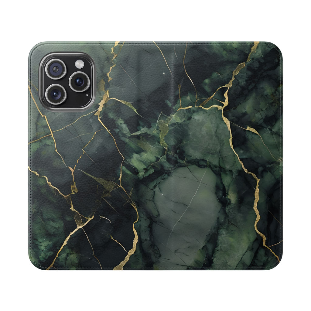Verdant Vein - Green Marble Design Wallet Phone Case for iPhone 15 Pro Max