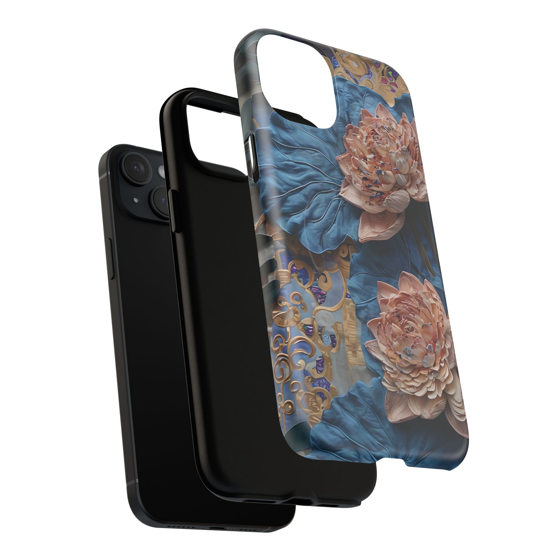 Peony Midnight Tapestry - iPhone 15 Plus - MagSafe Compatible - Elegant Blue & Blush Artful Phone Cover