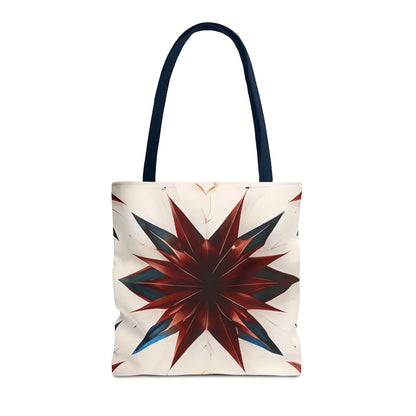 Garnet Starburst canvas tote bag featuring dramatic red, white and blue starburst geometric design with navy handles