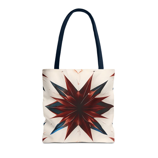 Garnet Starburst canvas tote bag featuring dramatic red, white and blue starburst geometric design with navy handles