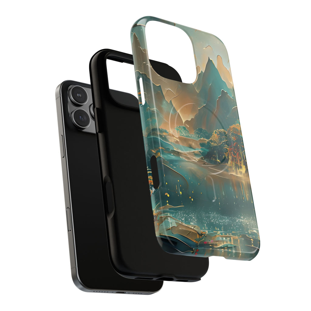 Misty Horizon - Serene Landscape Art iPhone 16 Pro Max MagSafe Phone Case - Tranquil Mountain & Lake Design