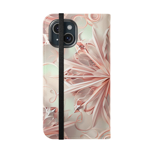 Blush Frost geometric floral pattern iPhone wallet flip phone case closed