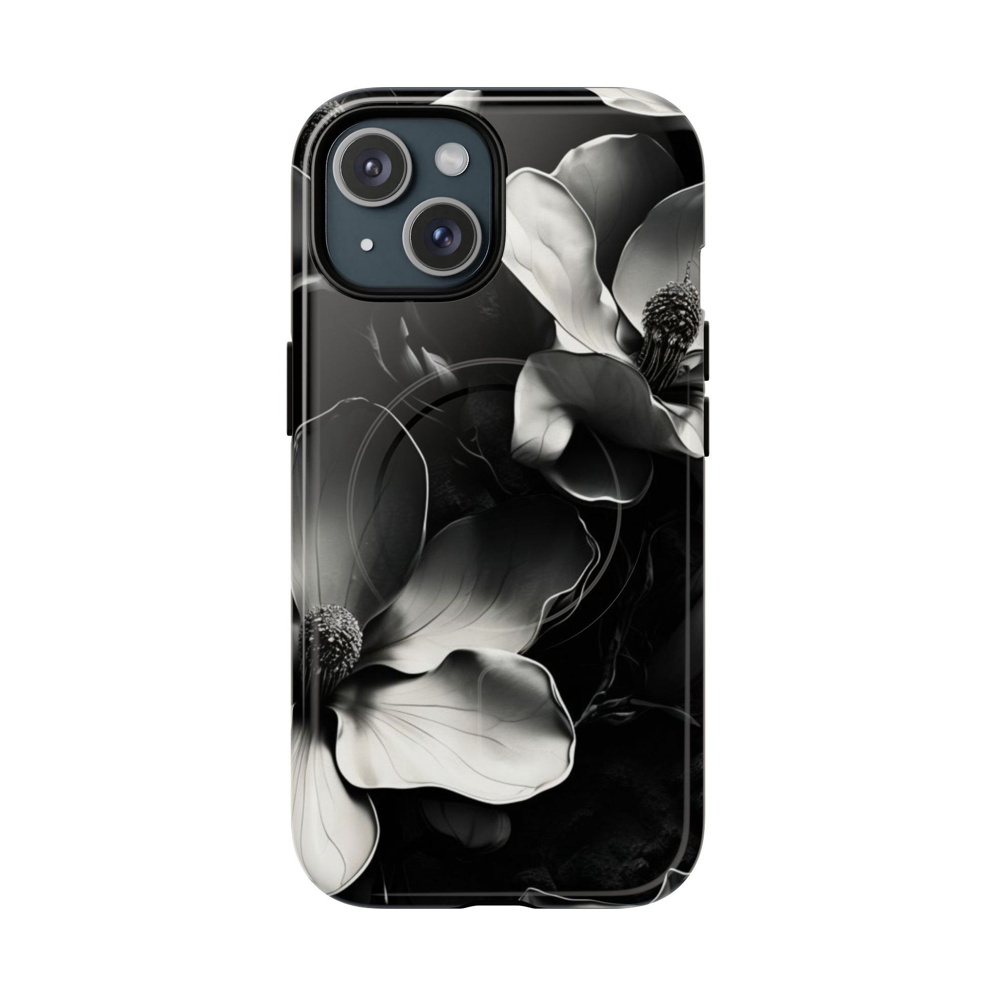 Monochrome Magnolia - Elegant Black & White Floral iPhone 15 MagSafe Phone Case - Artistic Magnolia Design