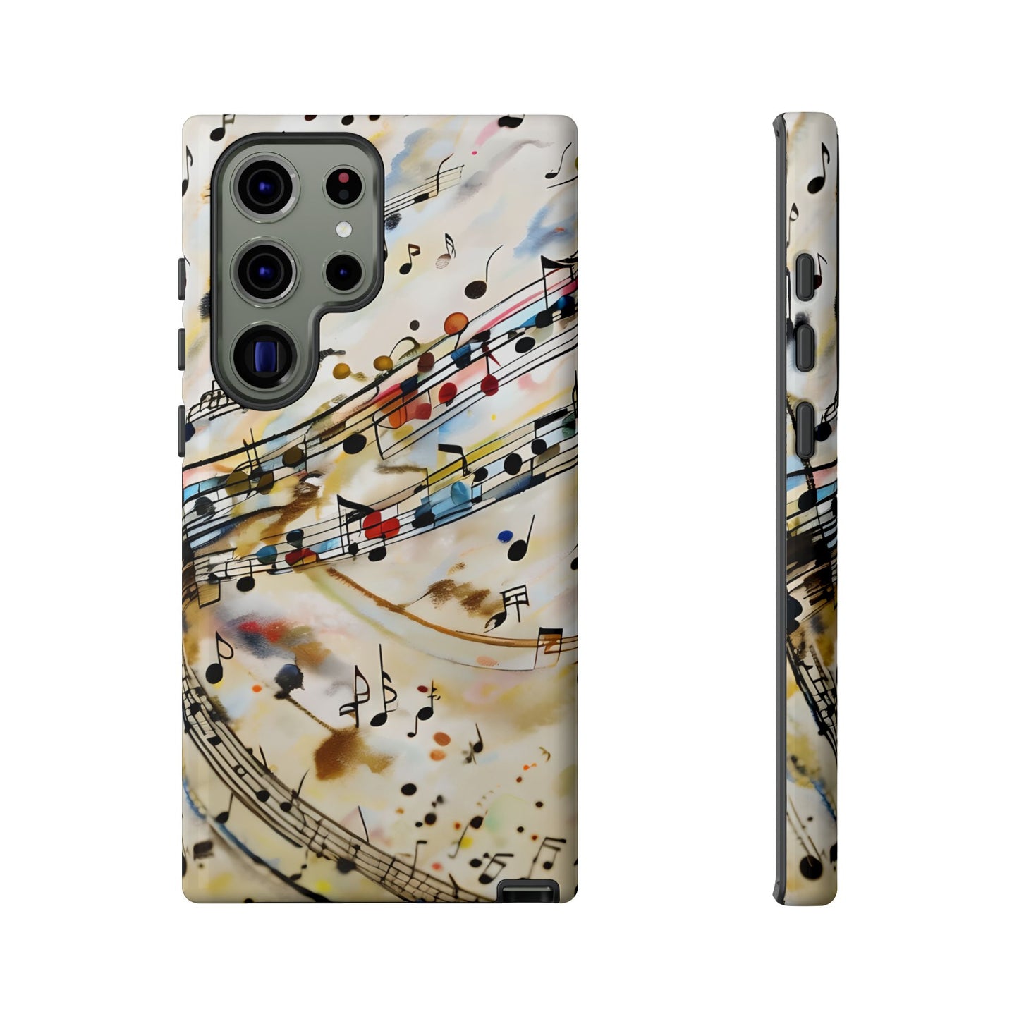 Melodic Flow musical notes wraparound Samsung Galaxy phone case front and side view