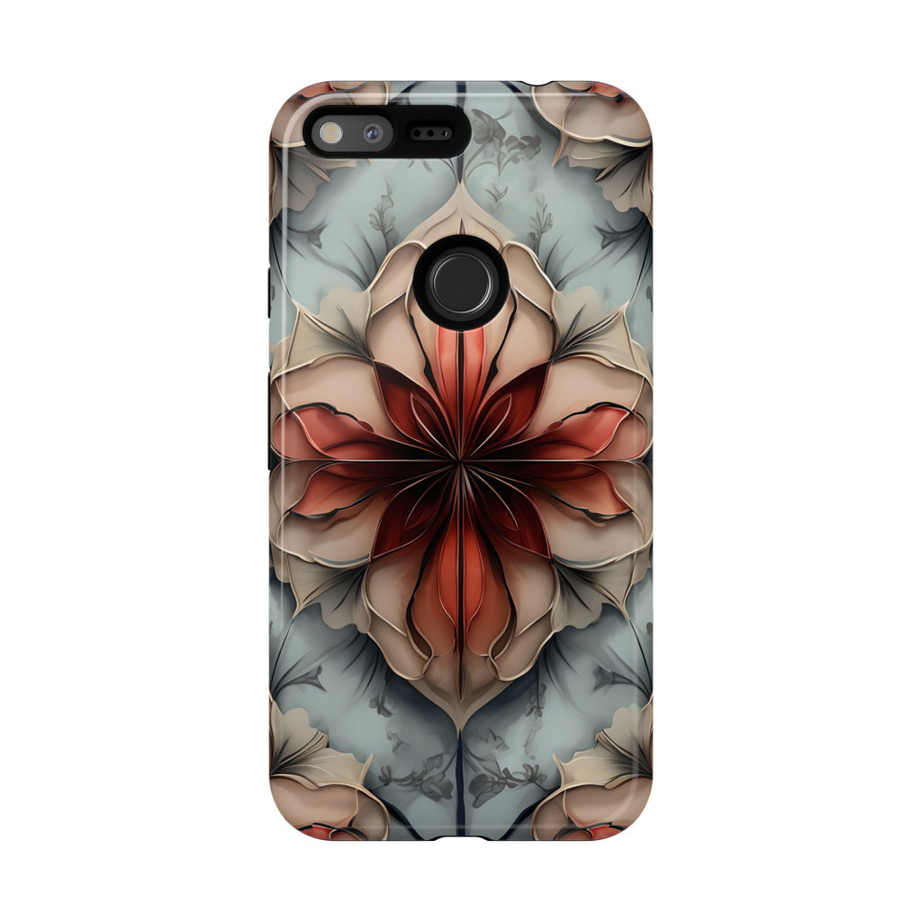 Ember Bloom - Kaleidoscope Collection Artistic Floral - Google Pixel XL Tough Phone Case - Fiery Symmetrical Design