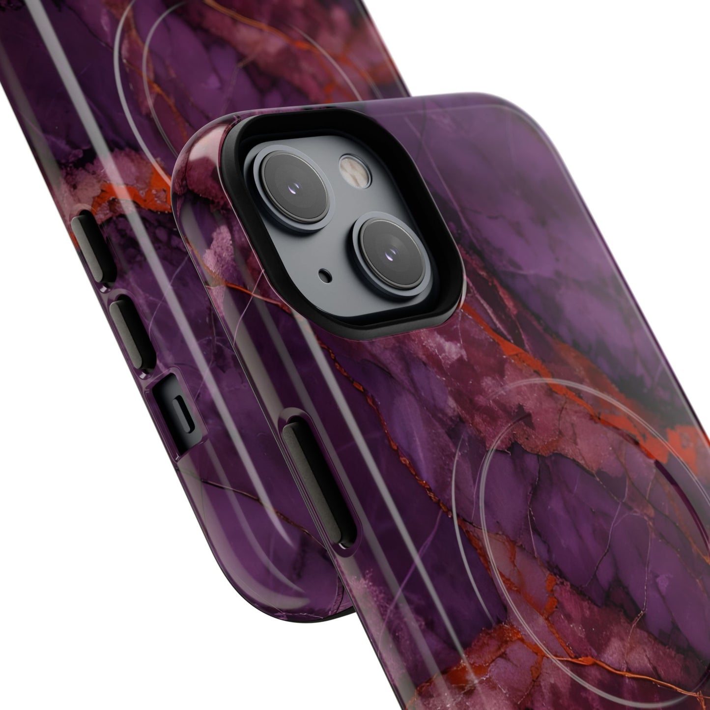 Angled view of Amethyst Current purple marble iPhone MagSafe protective phone case