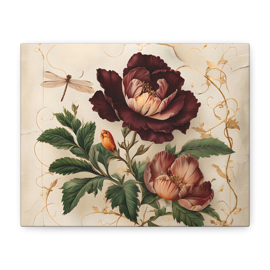 Vintage Burgundy Rose - Romantic Horizontal Wall Art with Dark Florals