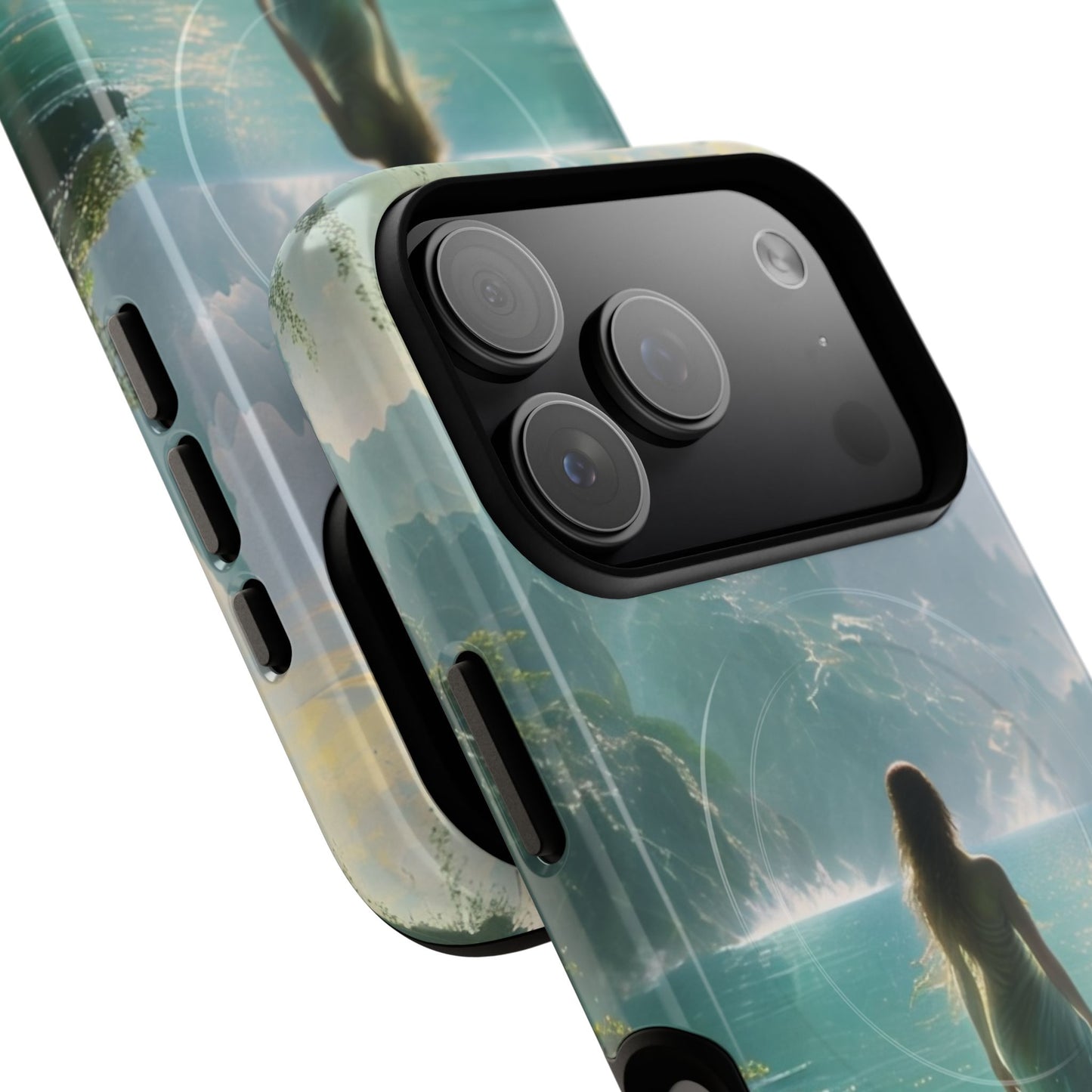 Angled view of Celestial Tides iPhone MagSafe protective phone case with large camera cutout