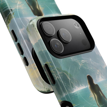 Angled view of Celestial Tides iPhone MagSafe protective phone case with large camera cutout