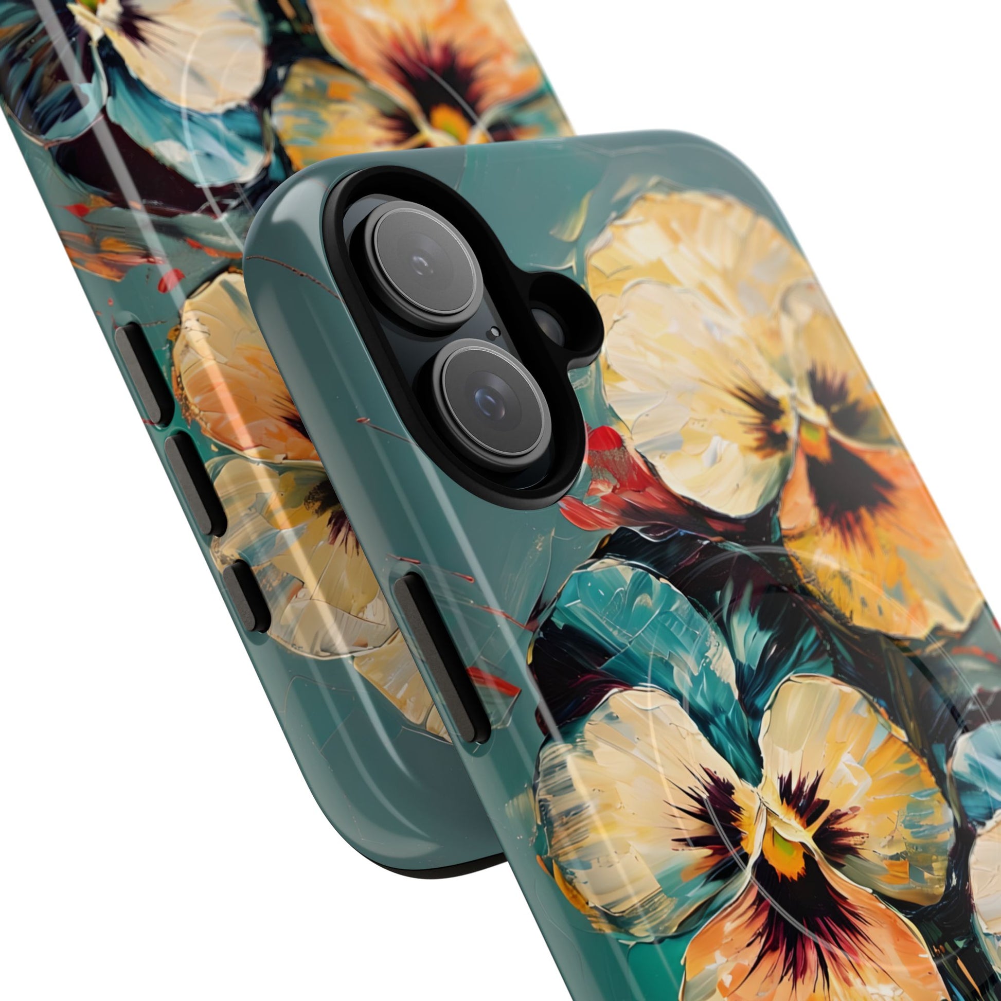 Golden Pansy Cascade - Elegant Floral iPhone 16 Plus MagSafe Case with Deep Teal Background