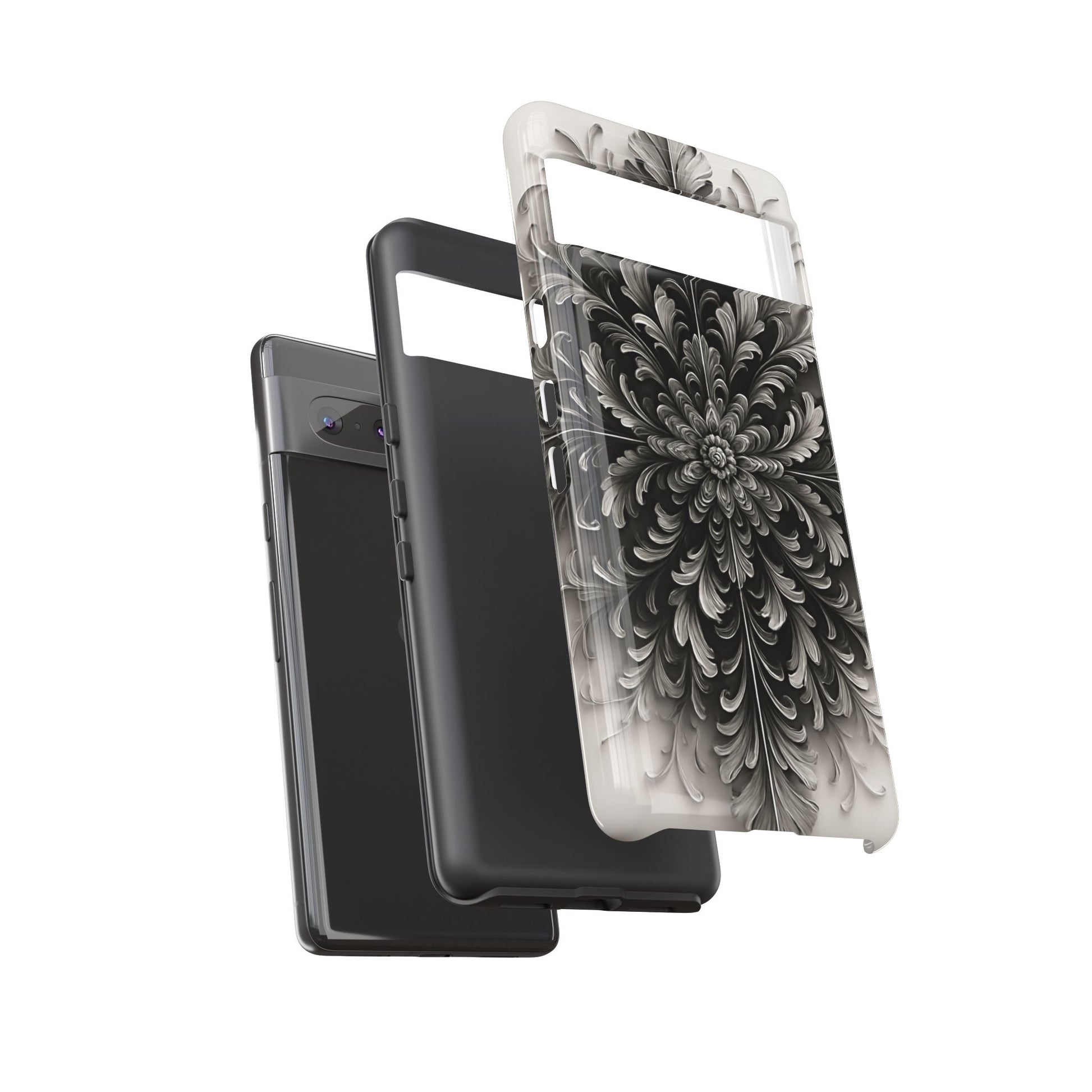 Obsidian Bloom - Elegant Black & White Google Pixel 7 Phone Case - Intricate Mandala Flower Design