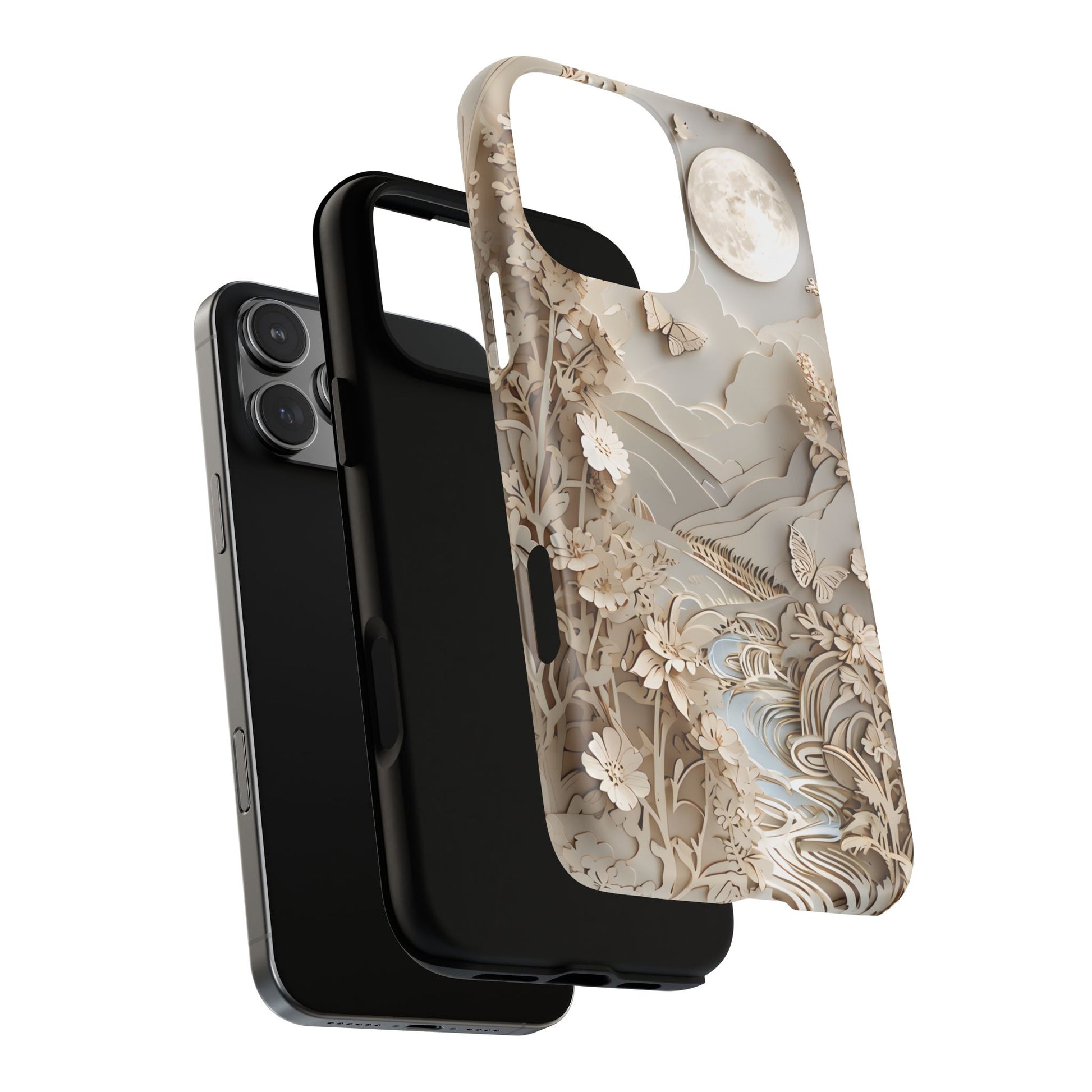 Moonlit Garden - Elegant Neutral Floral iPhone 16 Pro Max MagSafe Phone Case - Painterly Botanical & Moon Design
