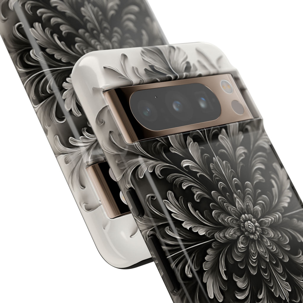 Obsidian Bloom - Elegant Black & White Google Pixel 8 Pro Tough Phone Case - Intricate Mandala Flower Design