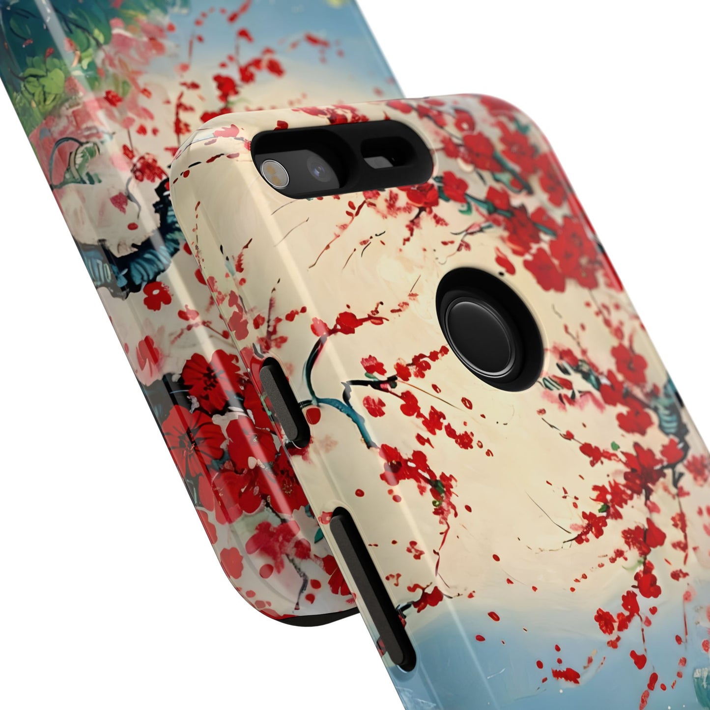 Crimson Blossom Lake - Artistic Floral Landscape Google Pixel 6 Tough Phone Case - Red Cherry Blossoms & Serene Lake Design