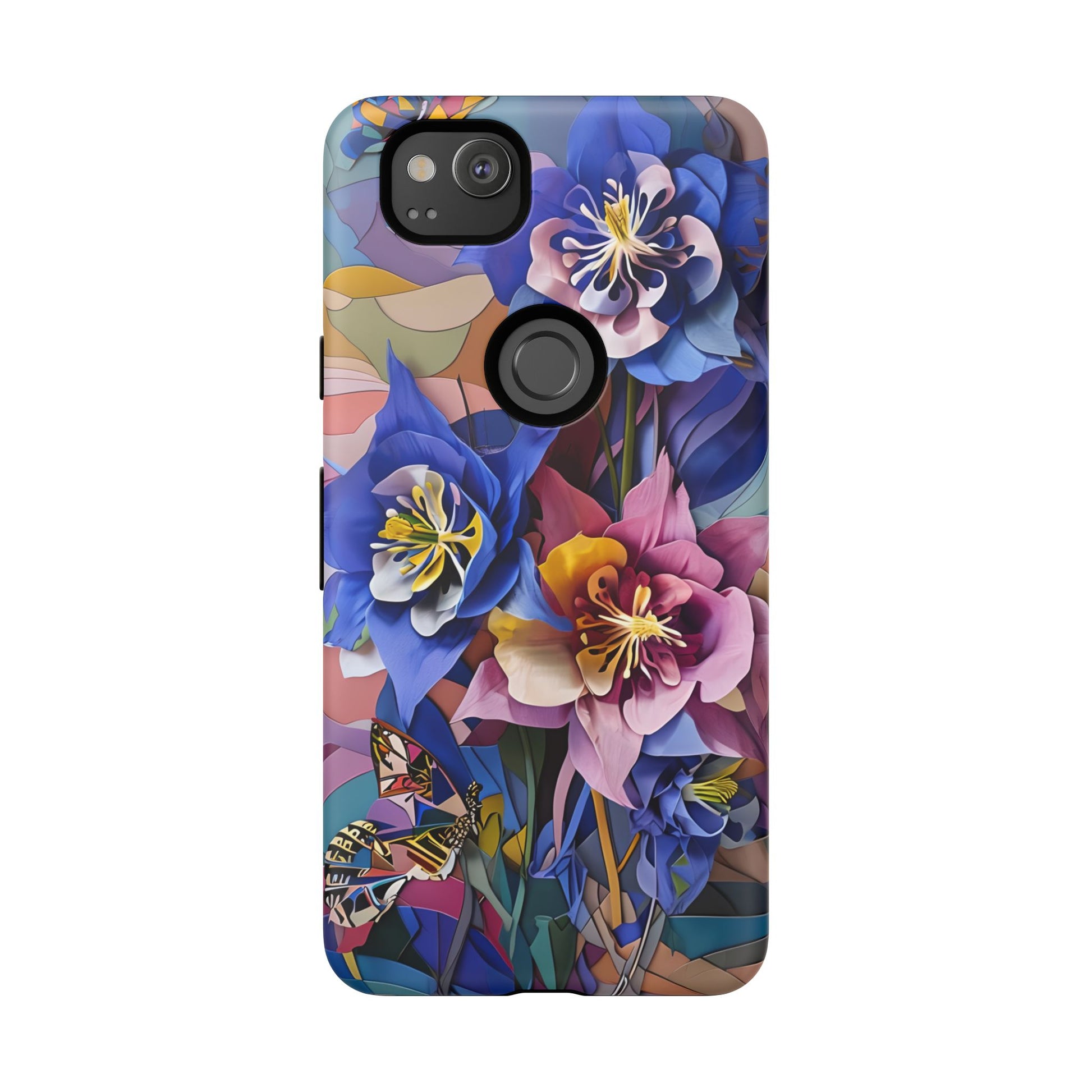 Blue Columbine Carnivale - Artistic Floral & Butterfly Google Pixel 2 Tough Phone Case - Vibrant Botanical Design