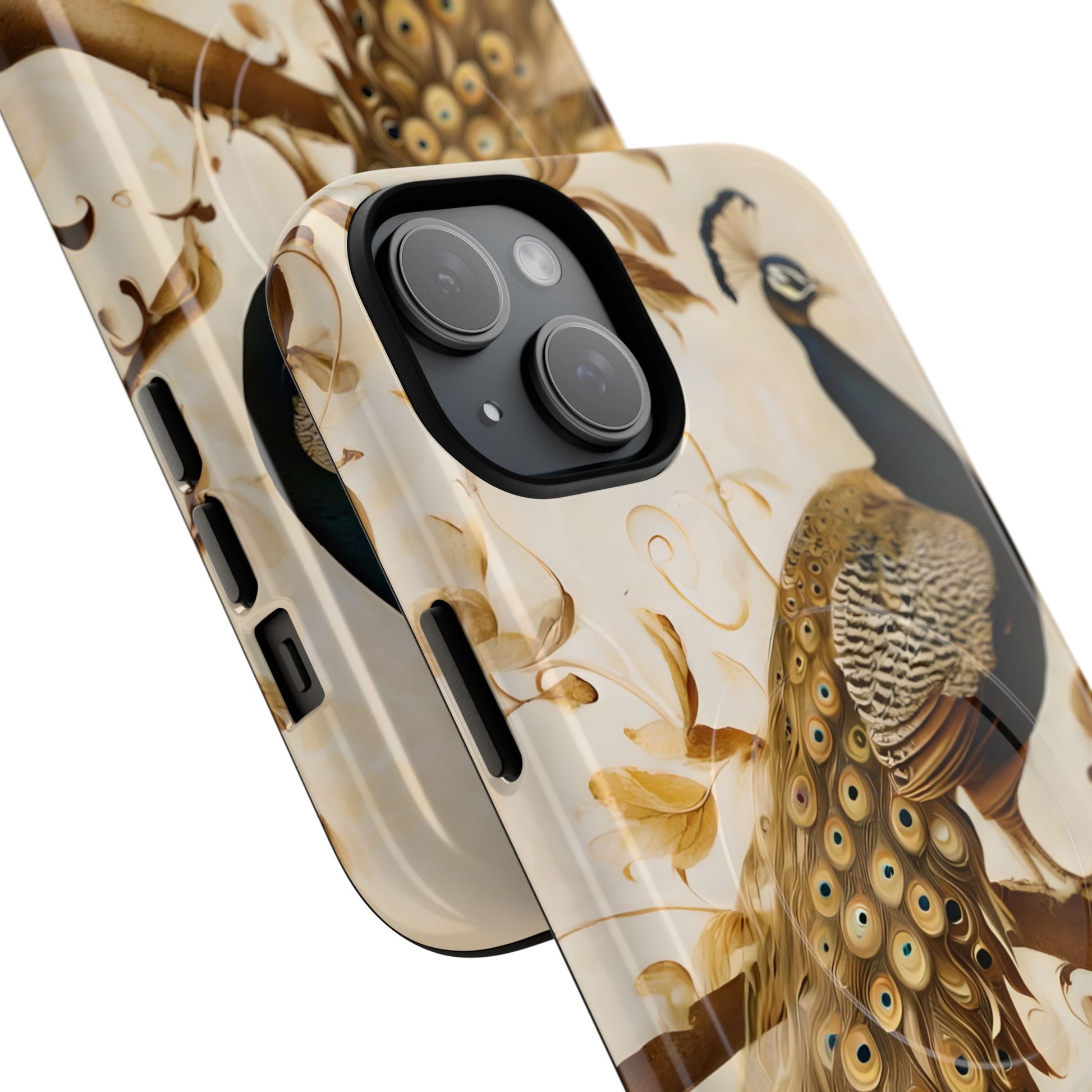 Golden Plumage - Luxe Peacock Art iPhone 15 Plus Phone Case - MagSafe Compatible - Elegant Gold & Cream Design