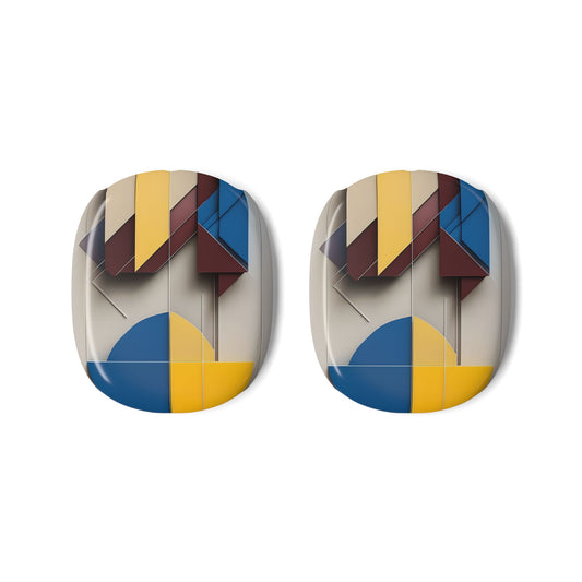 Chromatic Construct AirPods Max ear cup covers with modern abstract blocks in yellow, blue, and maroon tones, flat product view