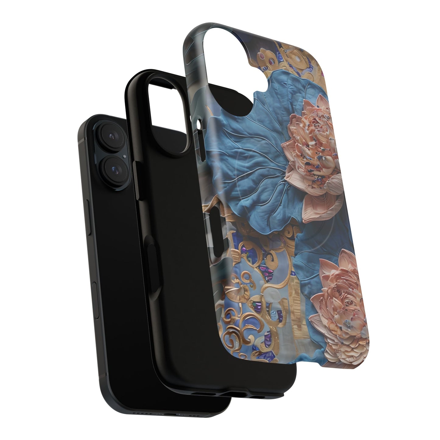 Dual-layer Peony Midnight Tapestry iPhone MagSafe case showing shock absorbing protection