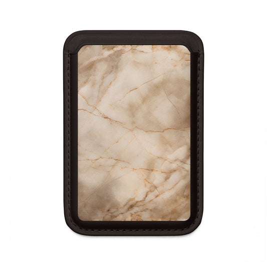 Parchment Mist MagSafe card holder with beige marble pattern on black magnetic wallet.
