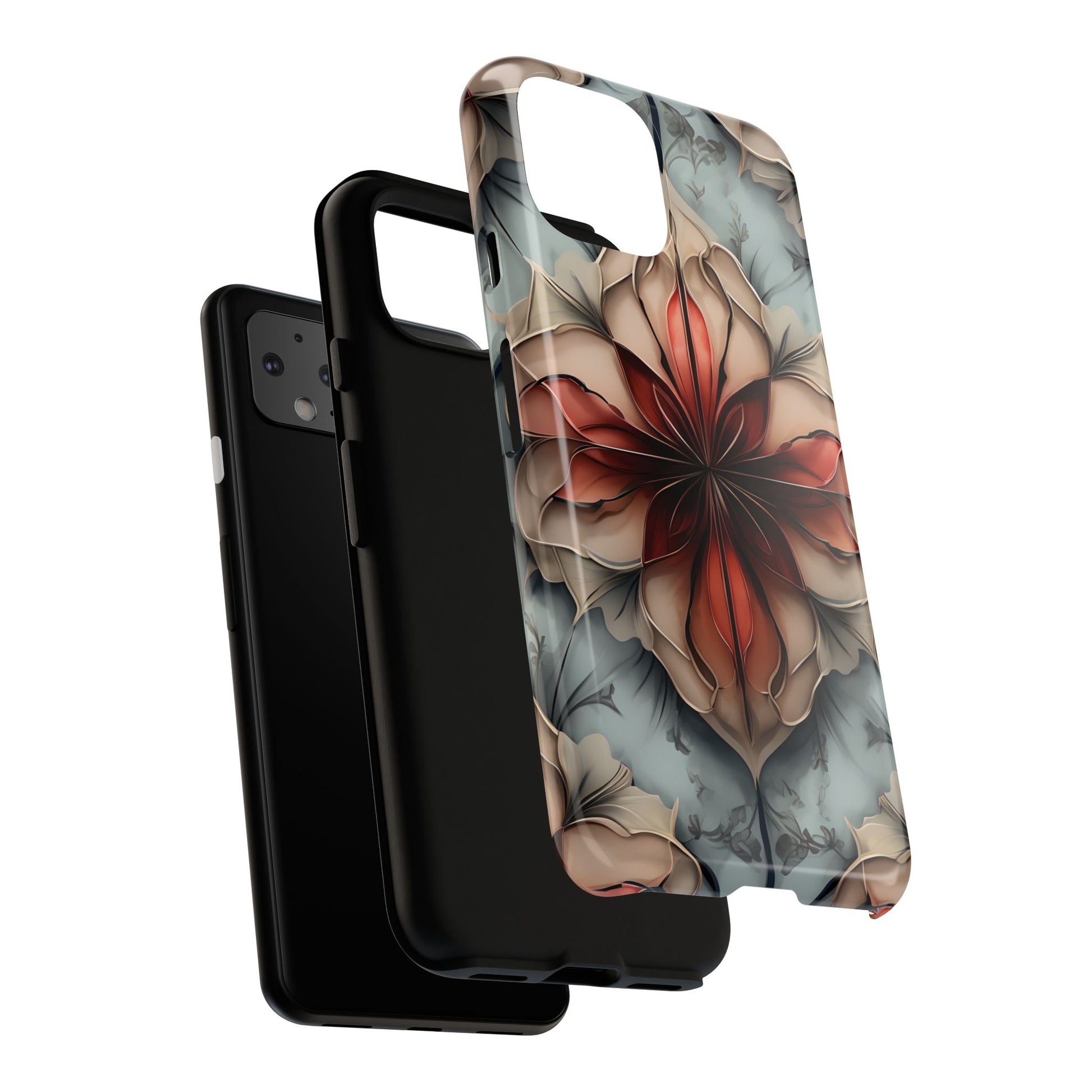 Ember Bloom - Kaleidoscope Collection Artistic Floral - Google Pixel 4 Tough Phone Case - Fiery Symmetrical Design