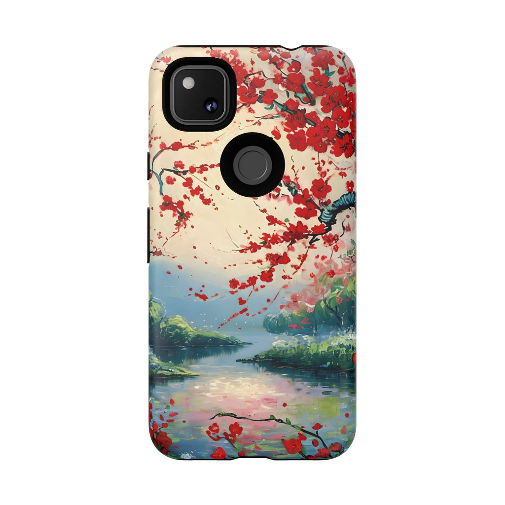 Crimson Blossom Lake - Artistic Floral Landscape Google Pixel 4a Tough Phone Case - Red Cherry Blossoms & Serene Lake Design