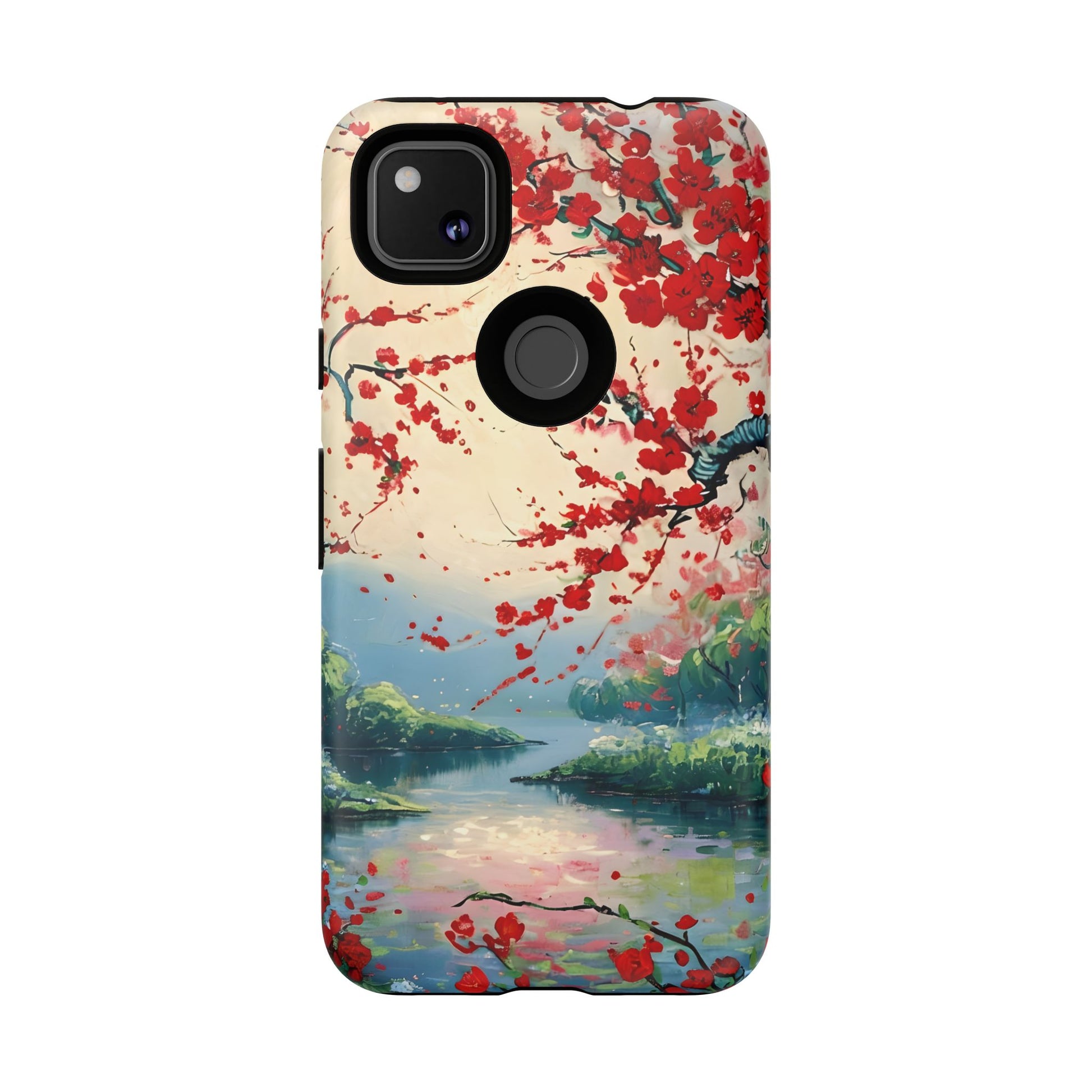 Crimson Blossom Lake - Artistic Floral Landscape Google Pixel 4a Tough Phone Case - Red Cherry Blossoms & Serene Lake Design