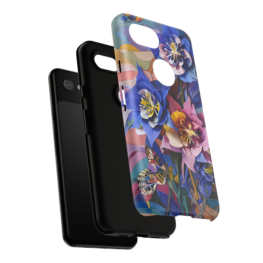 Blue Columbine Carnivale - Artistic Floral & Butterfly Google Pixel 3a Tough Phone Case - Vibrant Botanical Design