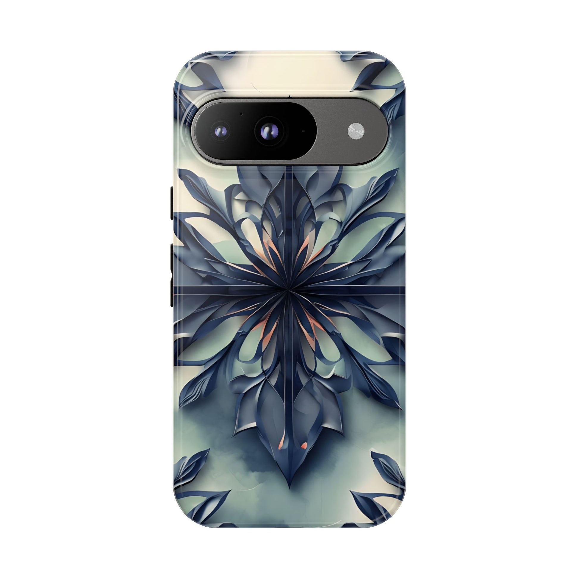 Frosted Indigo Bloom - Artistic Kaleidoscope Collection Artistic Floral - Google Pixel 9 Tough Phone Case - Blue Symmetrical Design