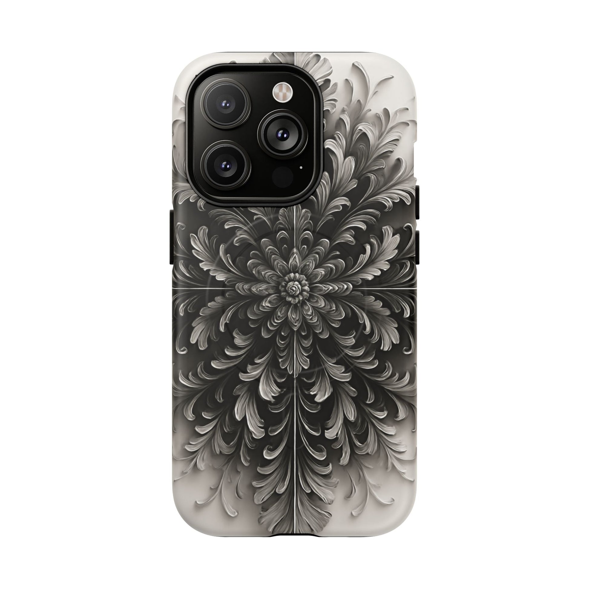 Obsidian Bloom - Elegant Black & White iPhone 14 Pro MagSafe Phone Case - Intricate Mandala Flower Design