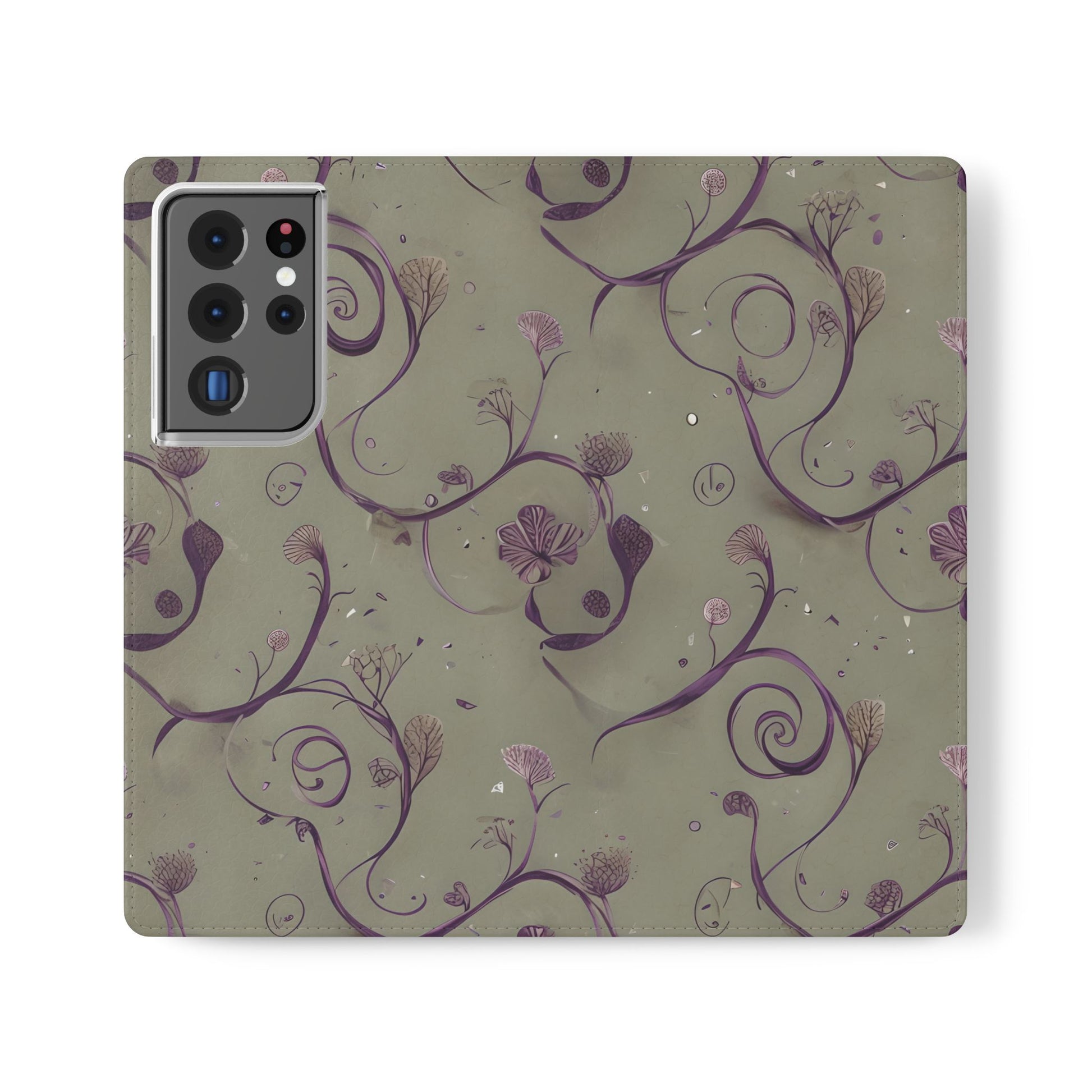 Twilight Thistle Bloom Wallet Phone Case - Elegant Purple Floral Vine Flip Cover for Samsung Galaxy S21 Ultra