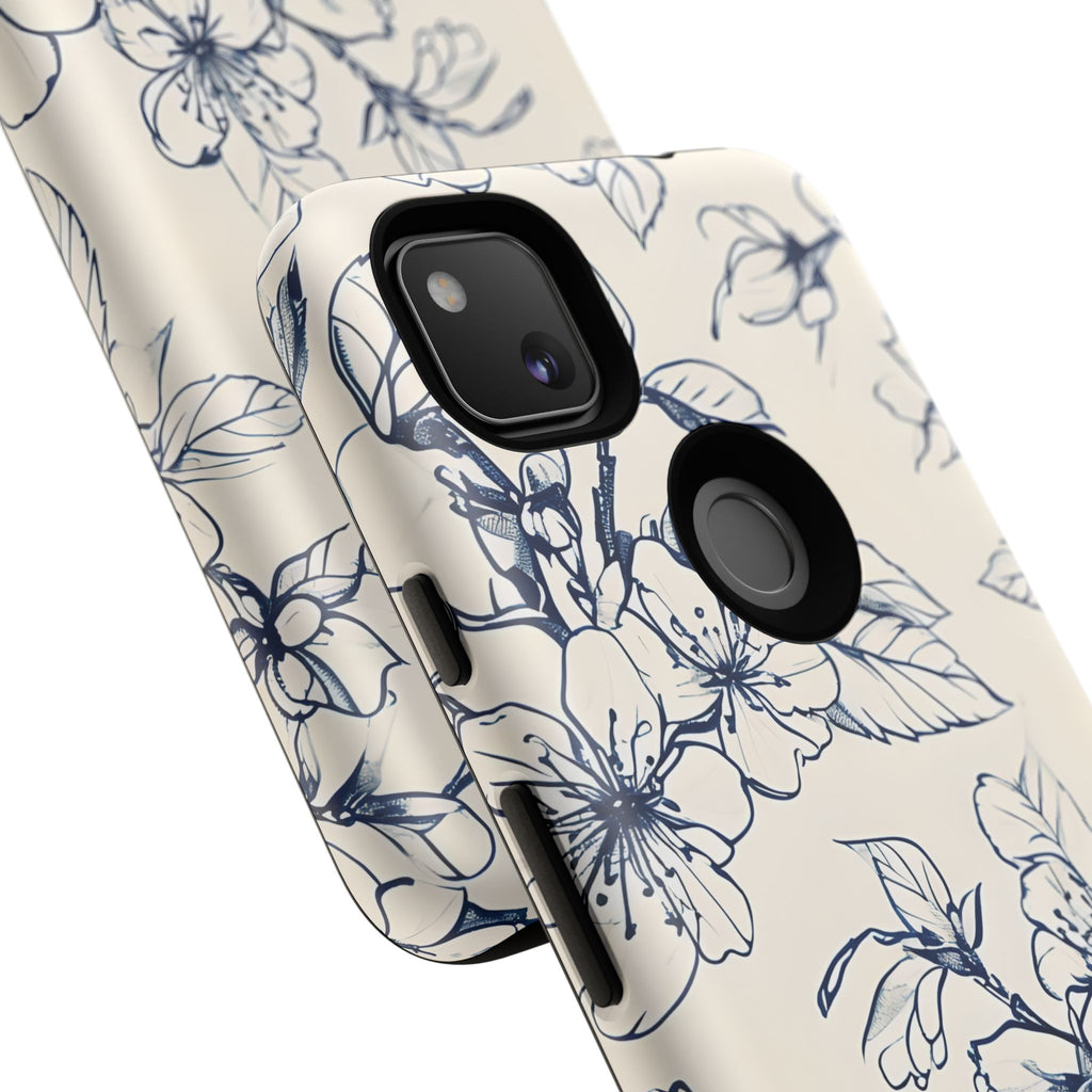 Blossom Sketch - Artistic Blue Floral Google Pixel 4a - Tough Phone Case - Hand-Drawn Botanical Design