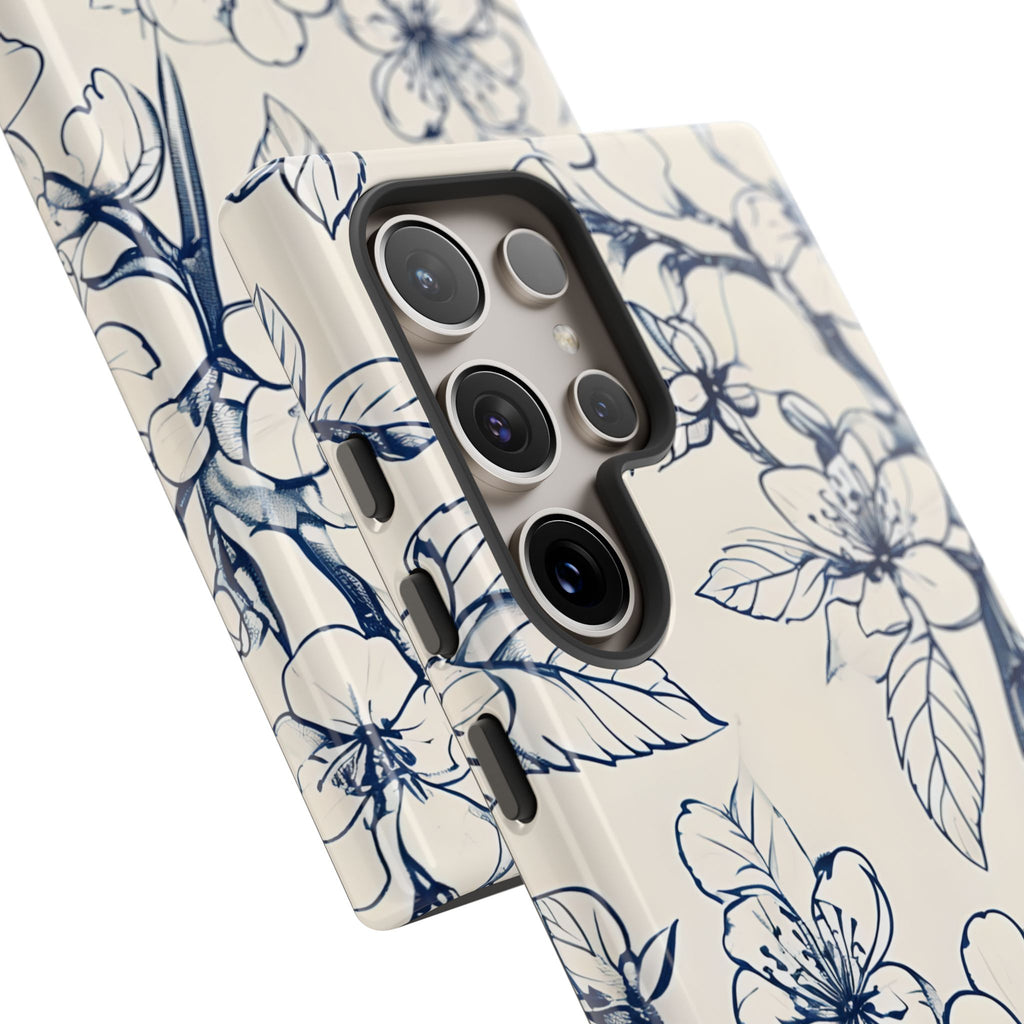 Blossom Sketch - Artistic Blue Floral Samsung Galaxy S24 Ultra Tough Phone Case - Hand-Drawn Botanical Design