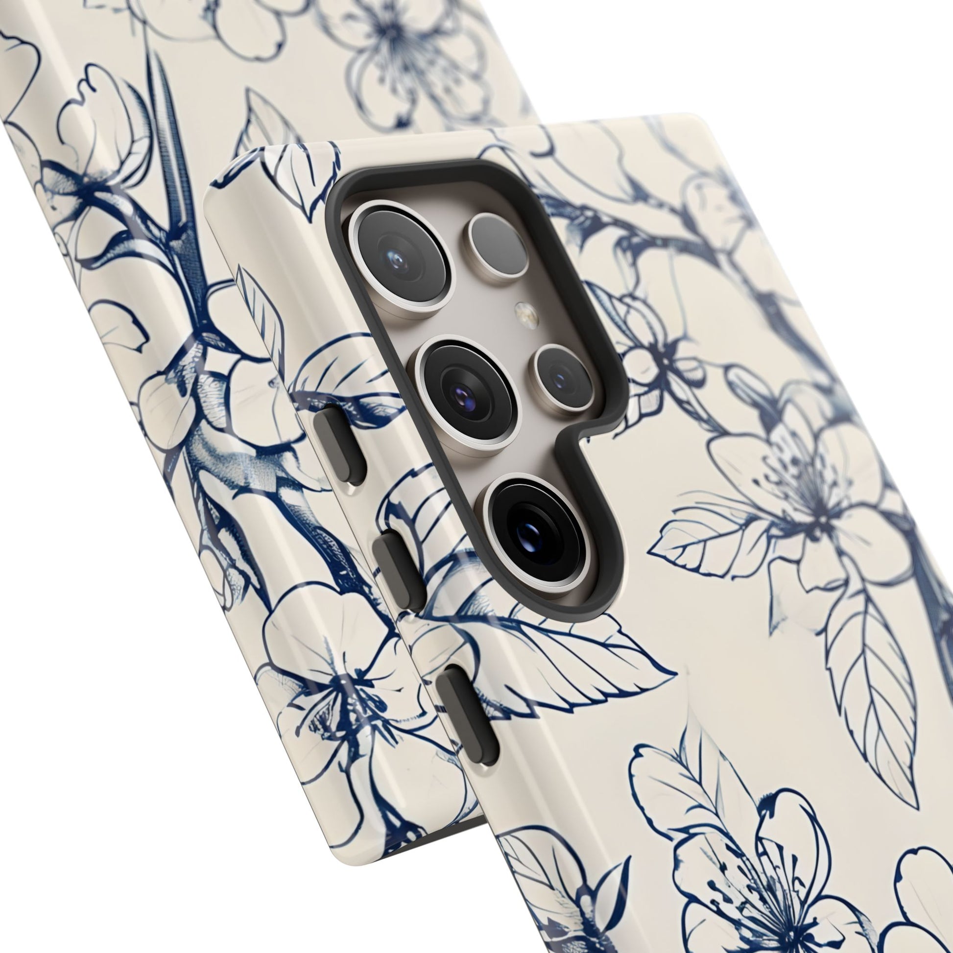 Blossom Sketch - Artistic Blue Floral Samsung Galaxy S24 Ultra Tough Phone Case - Hand-Drawn Botanical Design