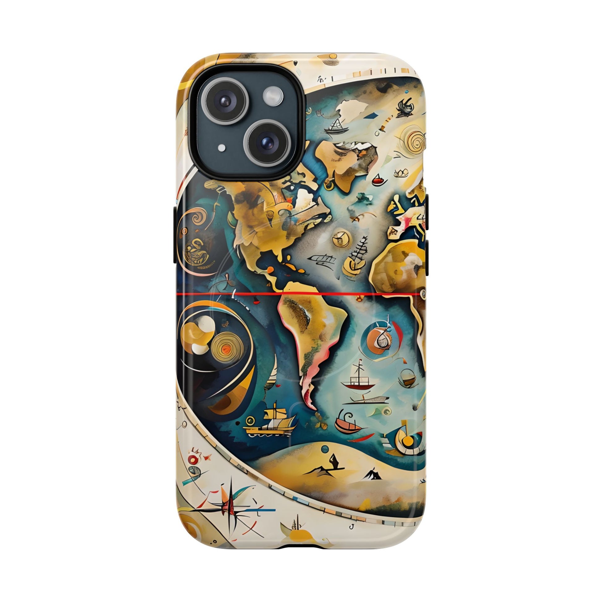 Celestial Map iPhone 15 MagSafe Phone Case -Vintage Nautical World Map, Artistic Blue & Gold