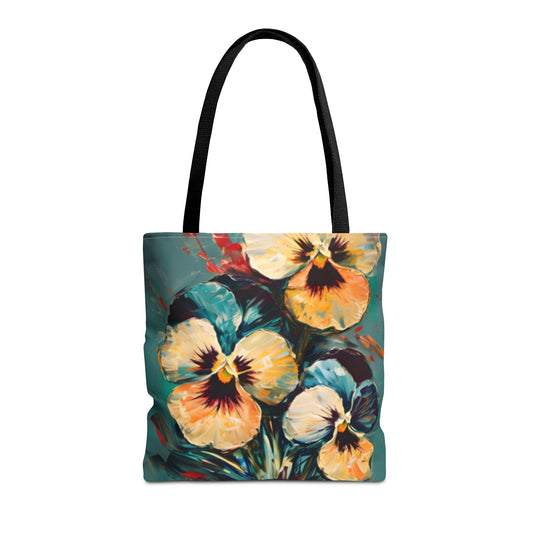 Golden Pansy Cascade floral tote bag featuring cascading yellow and orange pansies on deep teal background with black handles