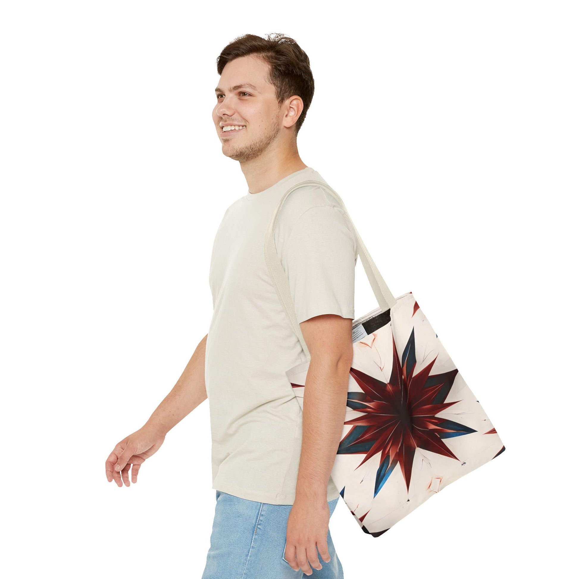 Garnet Starburst Tote Bag (16x16 & 18x18)- Bold Red Geometric Floral on Beige Canvas, Eco-Friendly & Durable