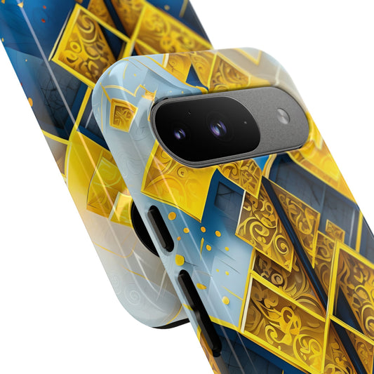 Golden Ascent blue and gold geometric artwork Google Pixel phone case angled view