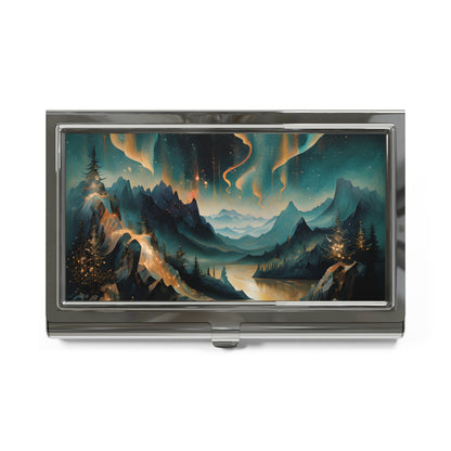 Aurora Dreamscape Business Card Holder - Northern Lights Mountain Landscape Art