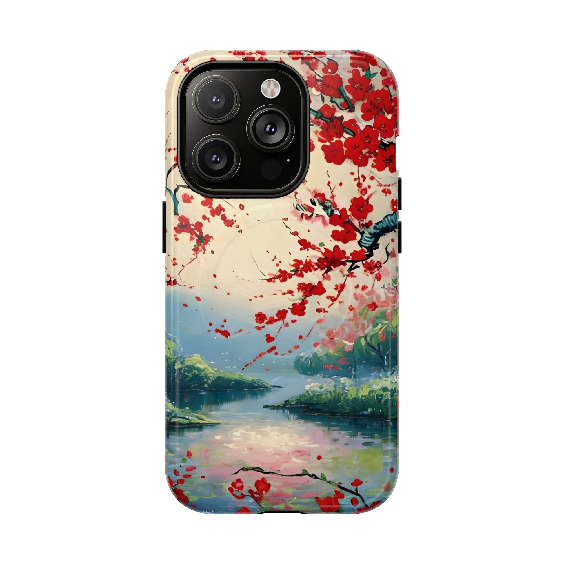 Crimson Blossom Lake - Artistic Floral Landscape iPhone 14 Pro MagSafe Phone Case - Red Cherry Blossoms & Serene Lake Design