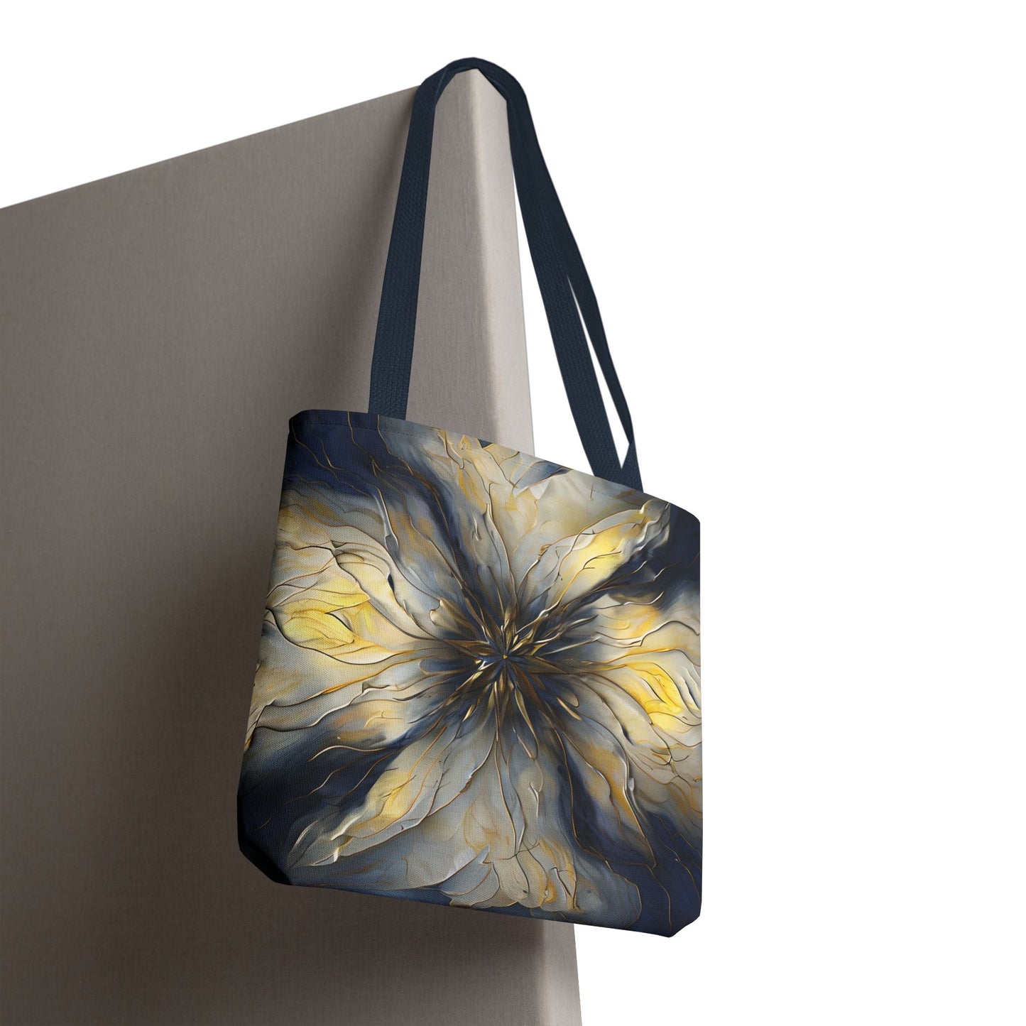 Luminous Petal canvas tote bag hanging with luminous golden petal pattern