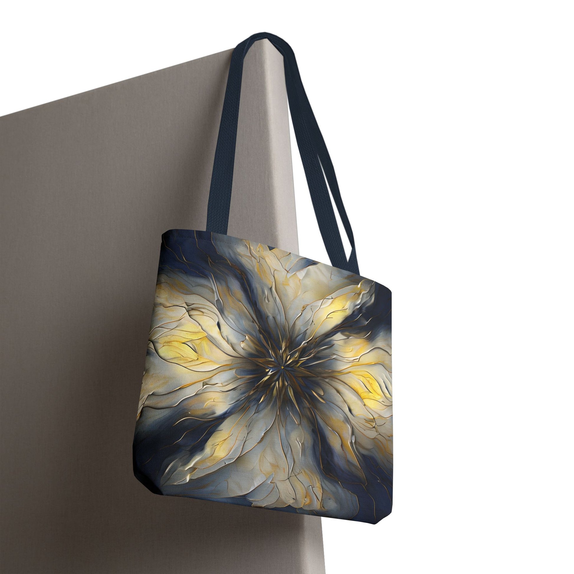 Luminous Petal canvas tote bag hanging with luminous golden petal pattern