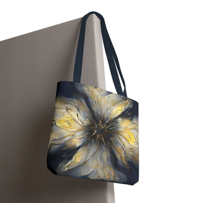 Luminous Petal canvas tote bag hanging with luminous golden petal pattern