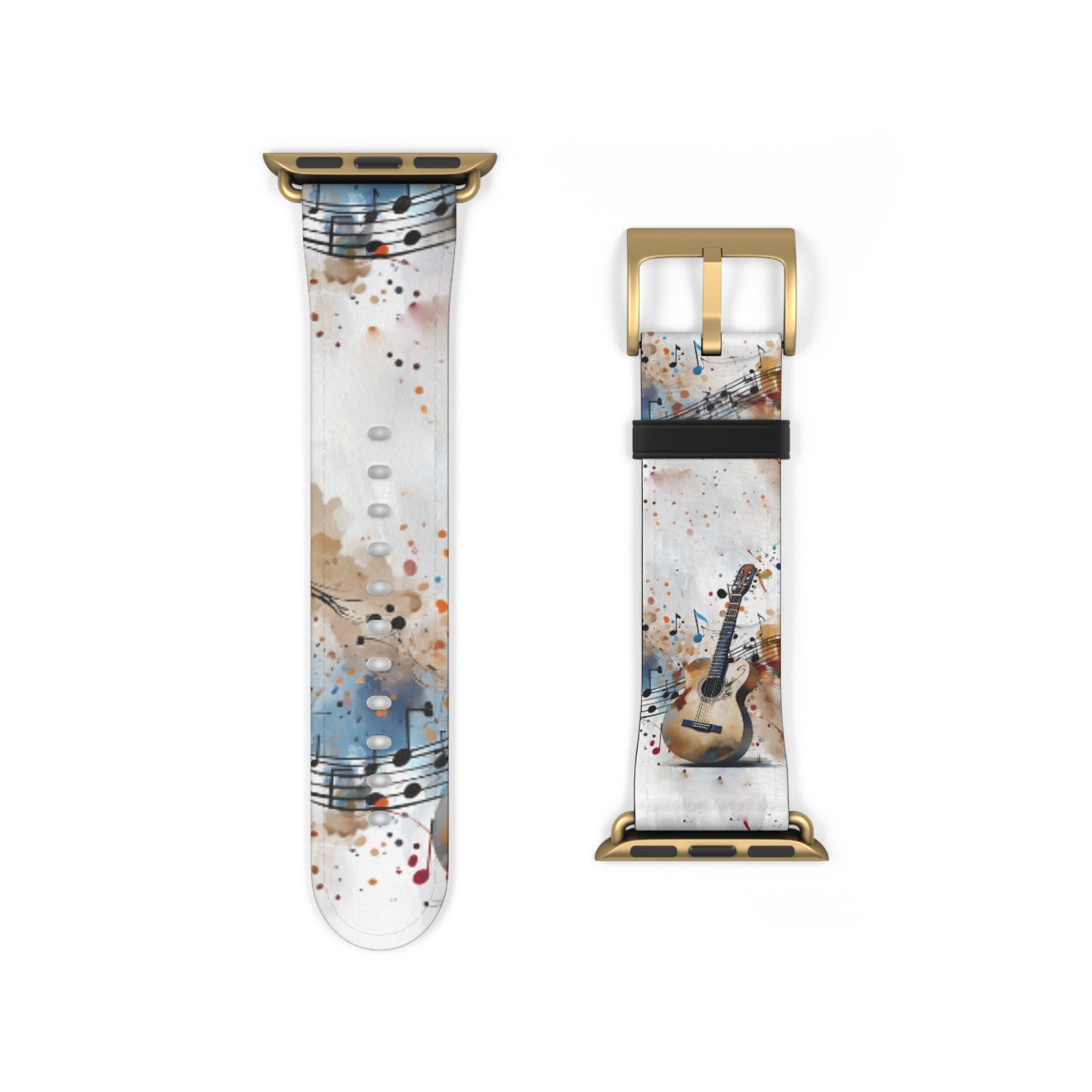 Strum and Flow Apple Watch band strap with gold clasp featuring elegant guitar and music notation artwork