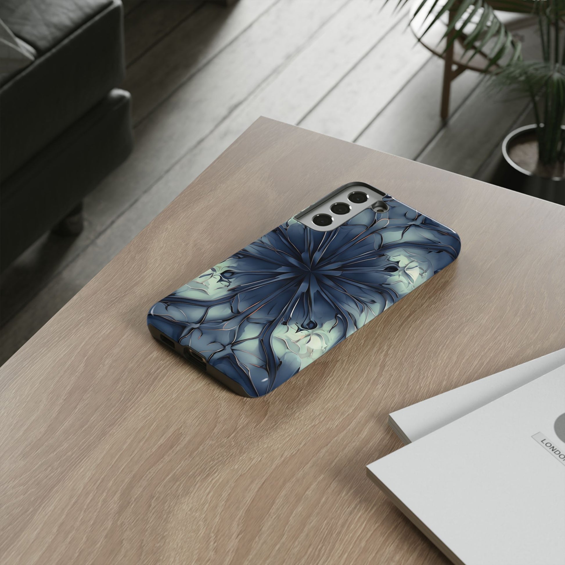 Indigo Mosaic - Artistic Kaleidoscope Collection Artistic Floral - Samsung Galaxy S22 Plus Tough Phone Case - Bold Blue Symmetrical Design