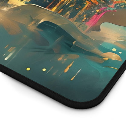 Close-up of Misty Horizon desk mat showing soft abstract landscape detail