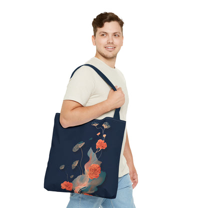 Lotus Reverie Tote Bag (16x16 & 18x18)- Deep Navy Canvas with Soft Coral Lotus and Leaf Motifs, Reusable & Eco-Friendly