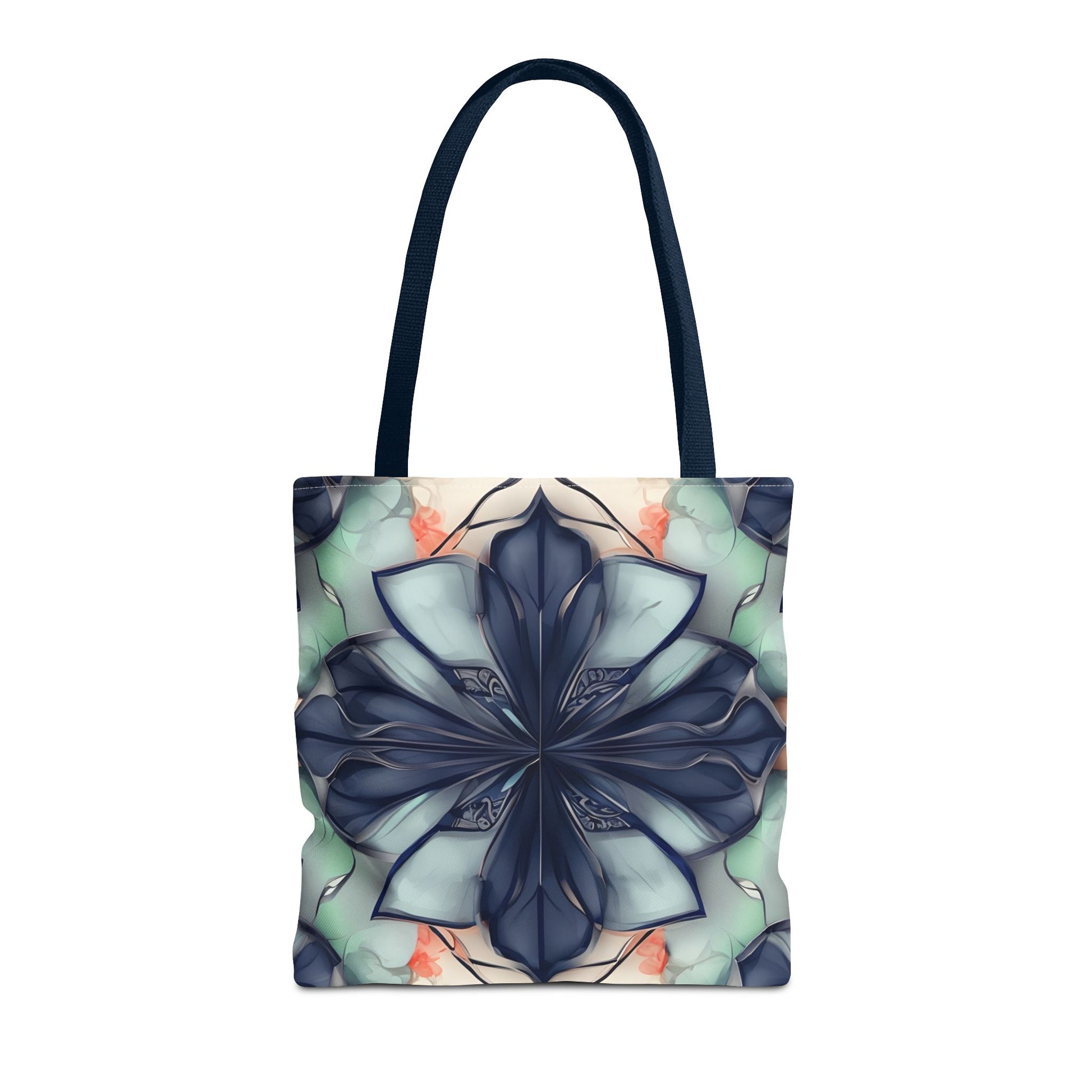 Midnight Mosaic canvas tote bag featuring deep blue mosaic floral pattern with navy handles
