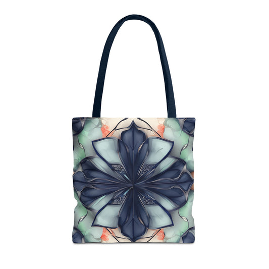 Midnight Mosaic canvas tote bag featuring deep blue mosaic floral pattern with navy handles