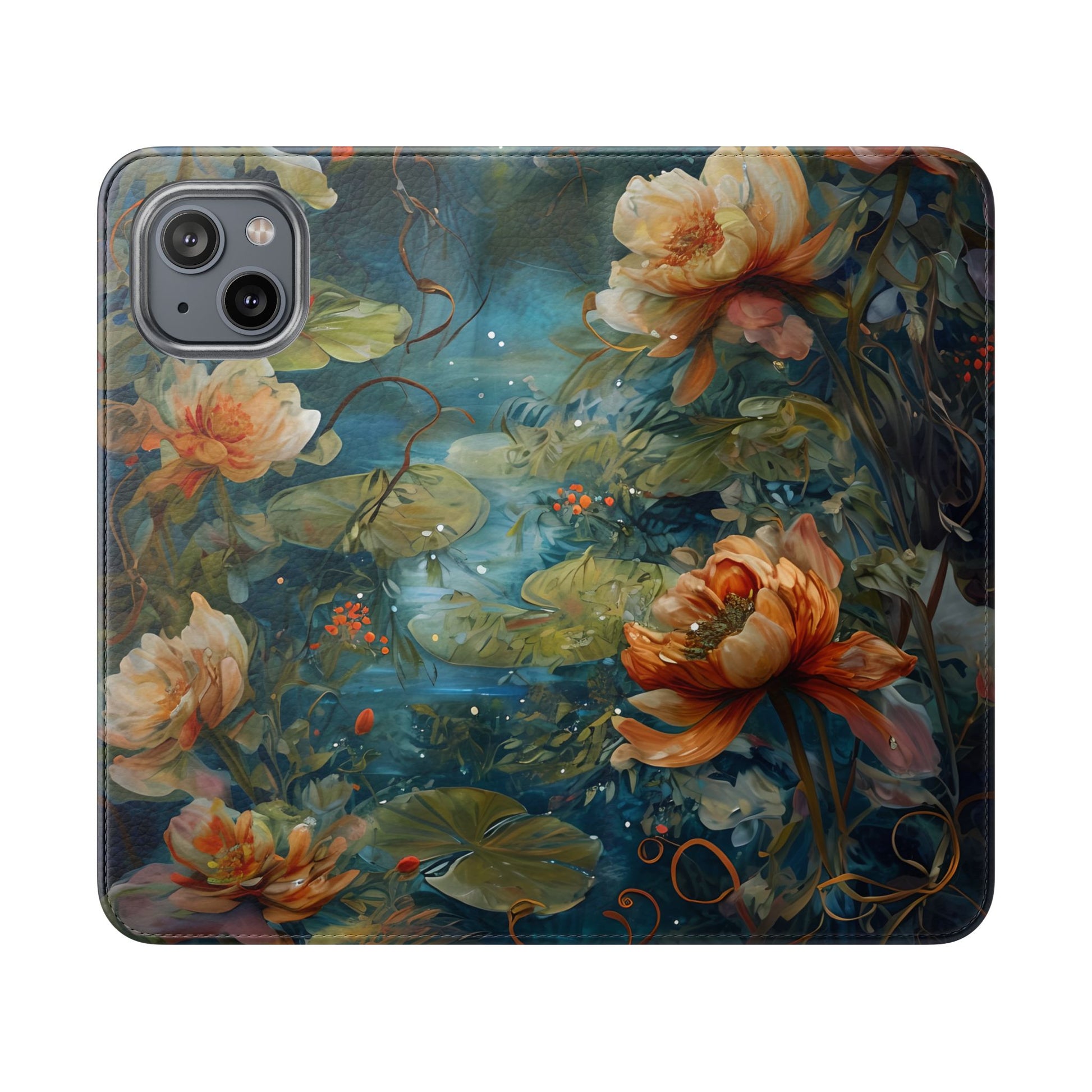 Waterlily Nocturne iPhone 14 Wallet Case - Elegant Floral Flip Cover, Vintage Botanical Phone Folio