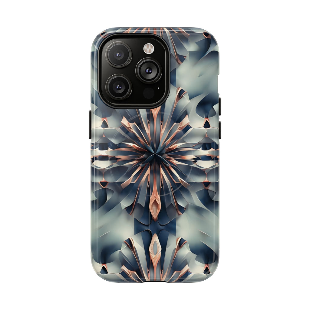 Obsidian Kaleidoscope Artistic Floral Burst - iPhone 14 Pro MagSafe Phone Case -Blue, Peach and Silver Symmetrical Design